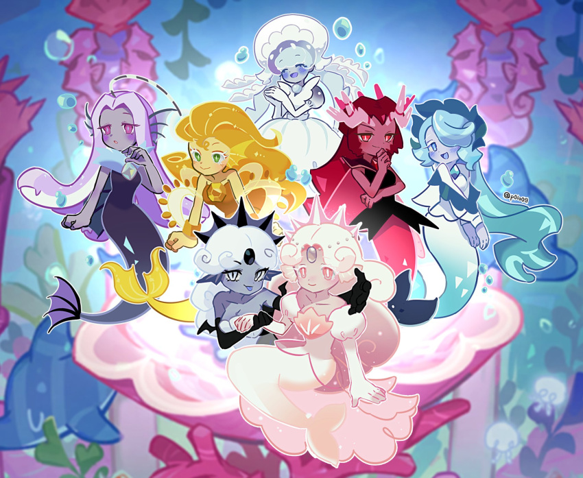 6+girls, aquamarine_cookie, black_pearl_cookie, blue_eyes, colored_skin, cookie_run, cookie_run:_kingdom, crimson_coral_cookie