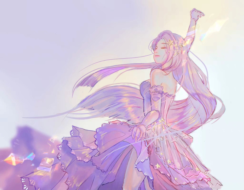 1girl, arm_up, bare_shoulders, blue_sky, blunt_ends, closed_eyes, closed_mouth, cowboy_shot, dancing, day, dress, expressionless, floating_hair, gloves, gown, hair_ornament, highres, lace-trimmed_dress, lace-trimmed_gloves, lace_trim, light_rays, lipstick, long_dress, long_hair, makeup, nikki_(series), nostrils, outdoors, pink_lips, pointy_nose, purple_dress, purple_gloves, purple_hair, shining_nikki, sidelocks, skirt_hold, sky, solo, standing, star_(symbol), star_hair_ornament, star_print, star_sea_(nikki), strapless, strapless_dress, sunlight, thick_eyebrows, very_long_hair, wanwan_leiqing