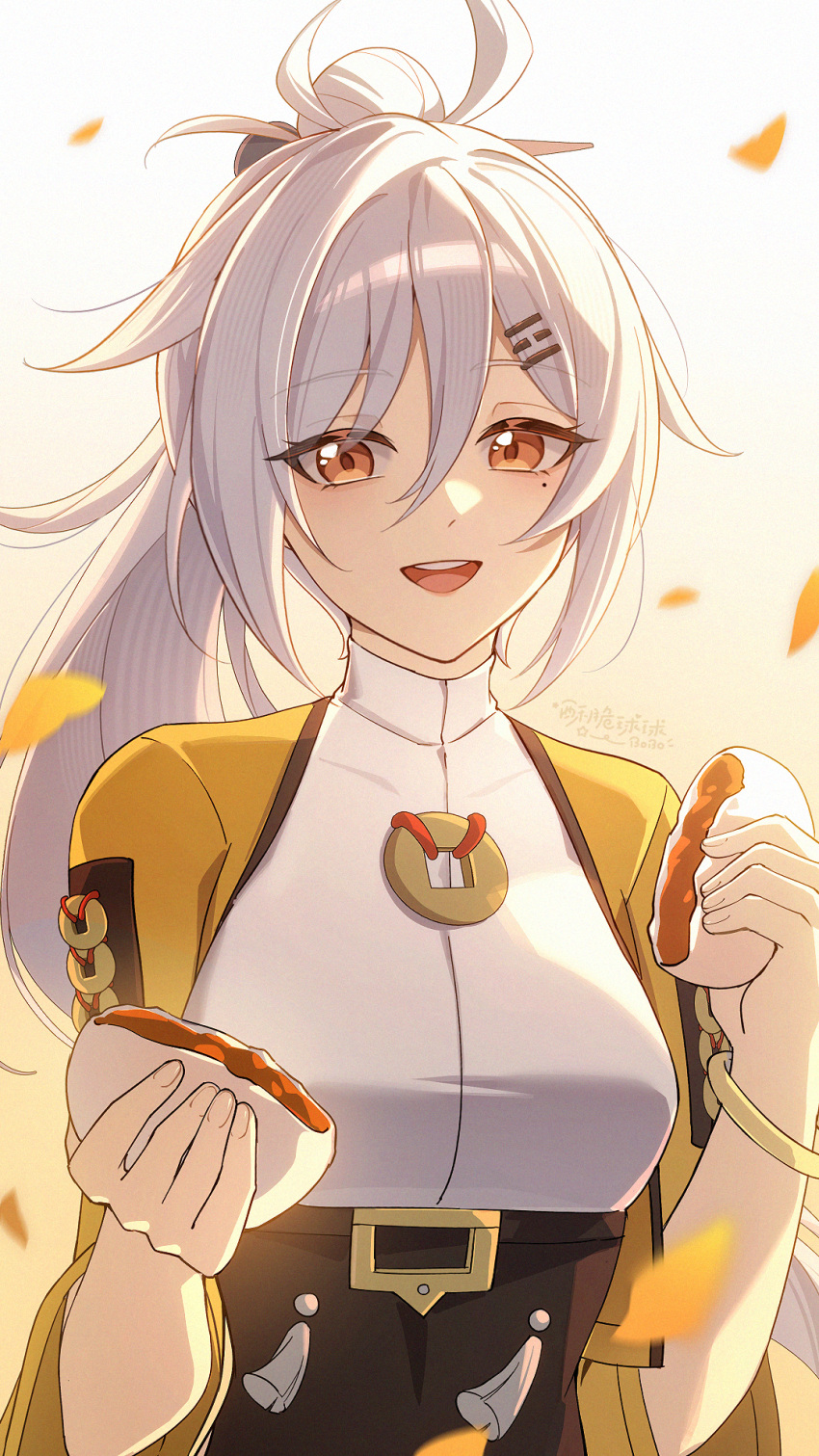 1girl, bangle, bracelet, commentary_request, falling_leaves, food, hair_between_eyes, hair_ornament