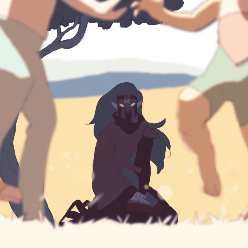 1girl, 2others, 55bata6rou, blurry, blurry_foreground, day, full_body, glowing