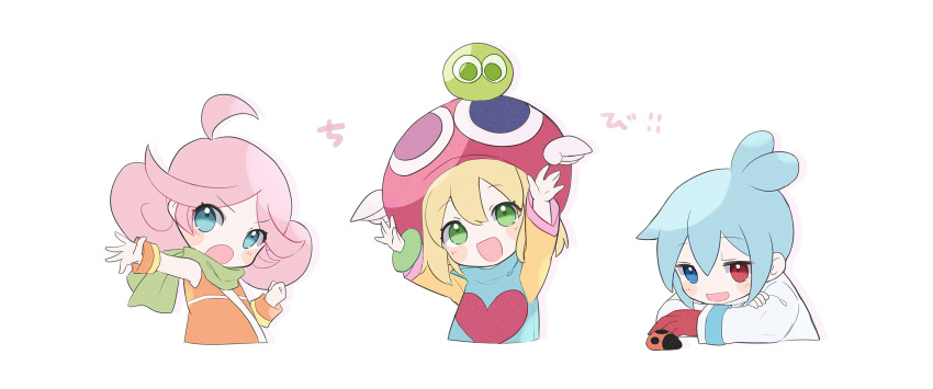 1boy, 2girls, aged_down, ahoge, amitie_(puyopuyo), antenna_hair, arms_up, blue_eyes