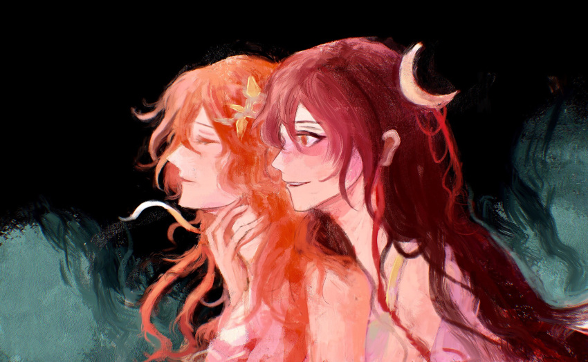 2girls, blush, canvas_texture, closed_eyes, crescent, crescent_hair_ornament, dress, ezekiel_(seraphim_slum), flower, grin, hair_between_eyes, hair_flower, hair_ornament, hair_ribbon, highres, holding_neck, long_hair, long_sidelocks, looking_ahead, messy_hair, multiple_girls, non-web_source, official_art, open_mouth, orange_hair, oriel_(seraphim_slum), partially_colored, red_eyes, red_hair, ribbon, seraphim_slum, sidelocks, smile, spaghetti_strap, two-tone_background, upper_body, very_long_hair