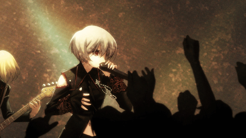 1boy, 1girl, bare_shoulders, bass_guitar, black_dress, black_jacket, black_necktie, blue_hair