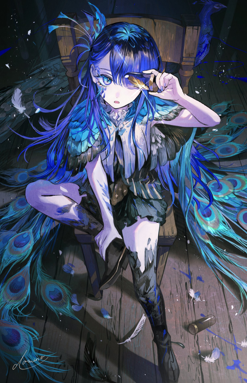 1girl, bird, black_feathers, black_shoes, black_skirt, blue_eyes, blue_feathers, blue_hair, blue_nails, commentary_request, dot_nose, feathers, glass_container, hand_on_own_ankle, highres, long_hair, looking_at_viewer, nail_polish, on_chair, original, ozaki_domino, parted_lips, peacock, peacock_feathers, shoes, sitting, skirt, solo, white_feathers, wooden_floor
