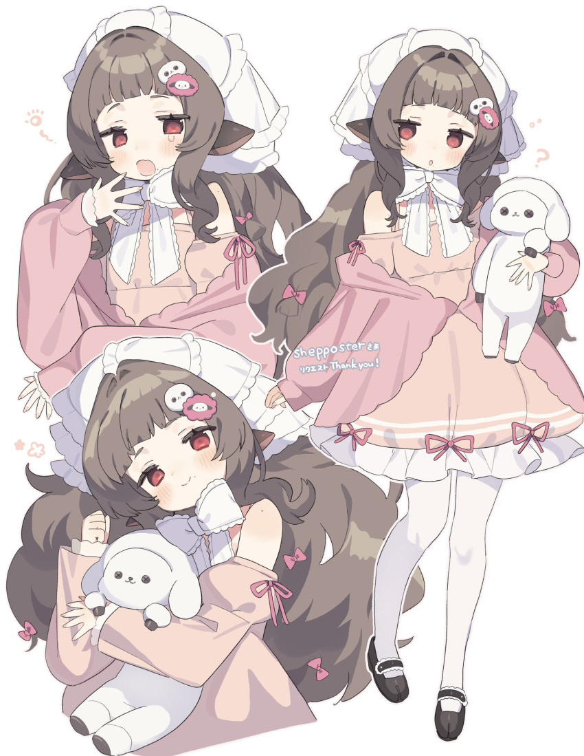 1girl, ?, animal_ears, bare_shoulders, black_shoes, brown_hair, closed_mouth, commission, dress, estelle_(vtuber), full_body, highres, indie_virtual_youtuber, long_hair, looking_at_viewer, multiple_views, napenasupe, open_mouth, pantyhose, pink_dress, red_eyes, sheep_ears, sheep_girl, shoes, simple_background, smile, solo, virtual_youtuber, white_background, white_pantyhose, yawning