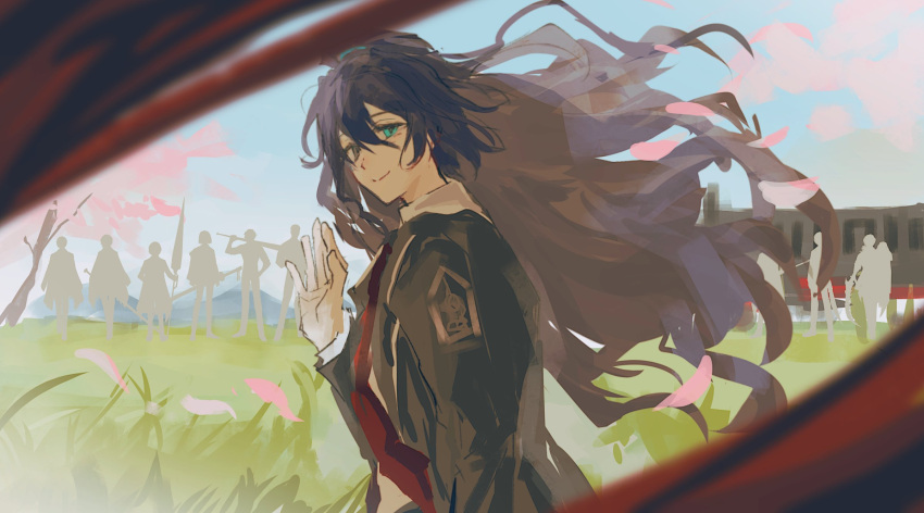 4girls, 6+boys, aqua_eyes, black_coat, black_hair, bus, coat, commentary