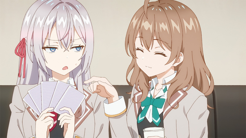 2girls, ahoge, alisa_mikhailovna_kujou, anime_screenshot, aqua_bow, aqua_bowtie, blazer, blue_eyes