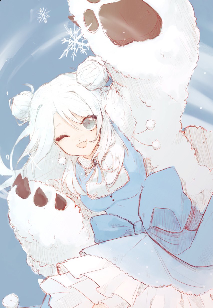 1girl, amoamao, animal_hands, arm_up, bear_girl, blue_background, blue_dress, bow