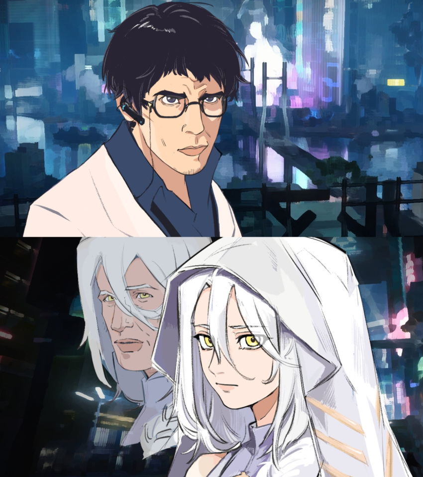 1girl, 2boys, bare_shoulders, black-framed_eyewear, black_hair, blue_eyes, blue_shirt, coat, collared_shirt, eos_(neural_cloud), eyewear_strap, facial_hair, fangz_onf, girls'_frontline_neural_cloud, girls_frontline, glasses, goatee_stubble, hair_between_eyes, hashtag-only_commentary, headset, highres, hood, hood_up, hooded_robe, lord_eosphoros_(neural_cloud), male_professor_(neural_cloud), meme, multiple_boys, professor_(neural_cloud), projected_inset, robe, shirt, sketch_background, stubble, white_coat, white_hair, white_robe, white_shirt, wing_collar, yellow_eyes, zoolander, zoolander_stare_(meme)