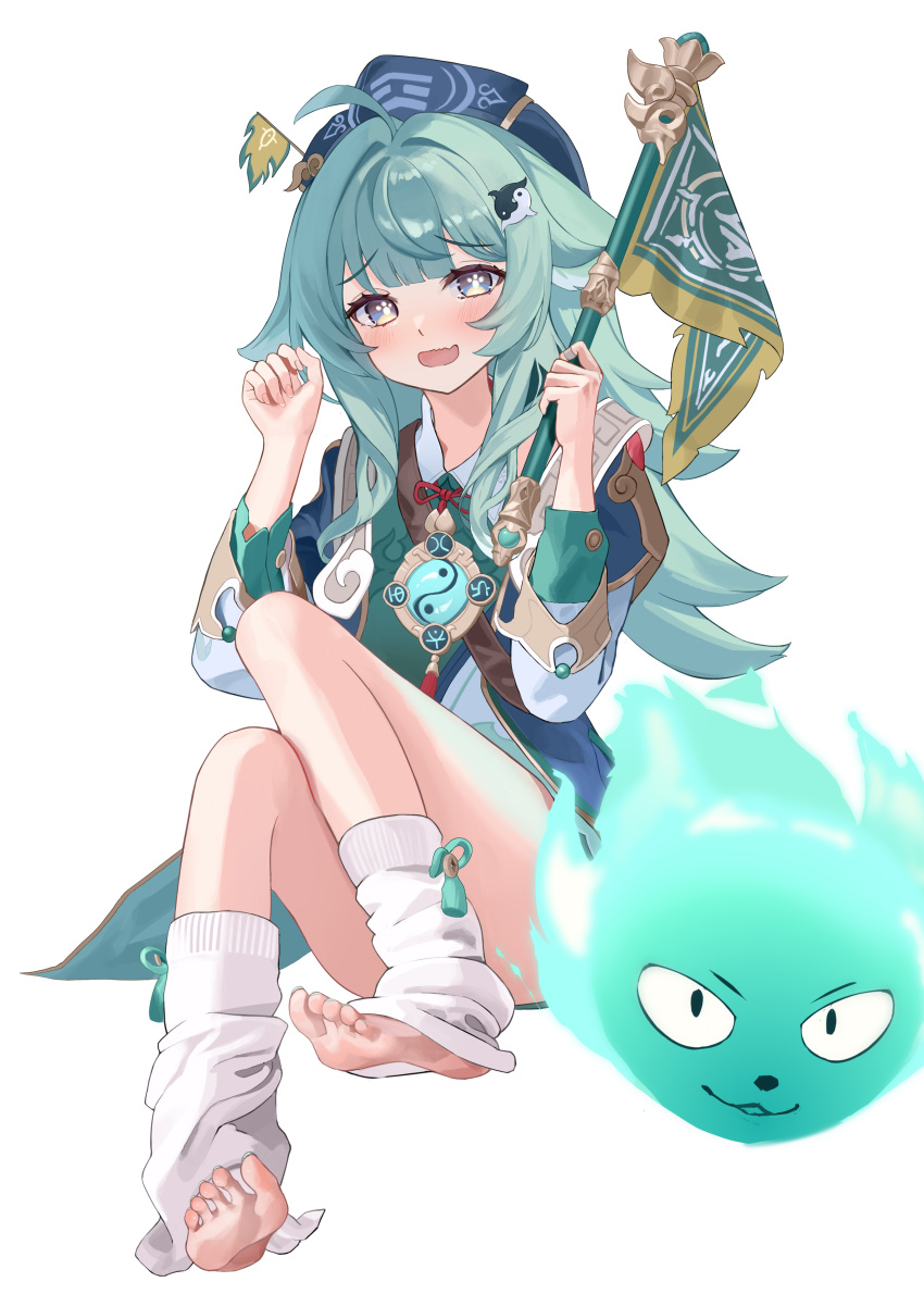1girl, absurdres, ahoge, animal_ears, bare_shoulders, blush, fox_ears, fox_girl, green_eyes, green_hair, hat, highres, honkai:_star_rail, honkai_(series), huohuo_(honkai:_star_rail), long_hair, long_sleeves, looking_at_viewer, open_mouth, paw-shaped_pupils, senbonsang, simple_background, solo, symbol-shaped_pupils, white_background, yin_yang_hair_ornament