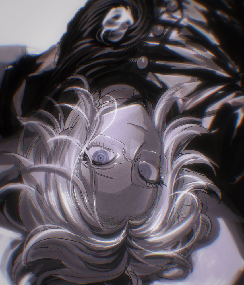 1boy, aotsuki_eito, blurry, buttons, closed_mouth, gakuran, glasses, greyscale