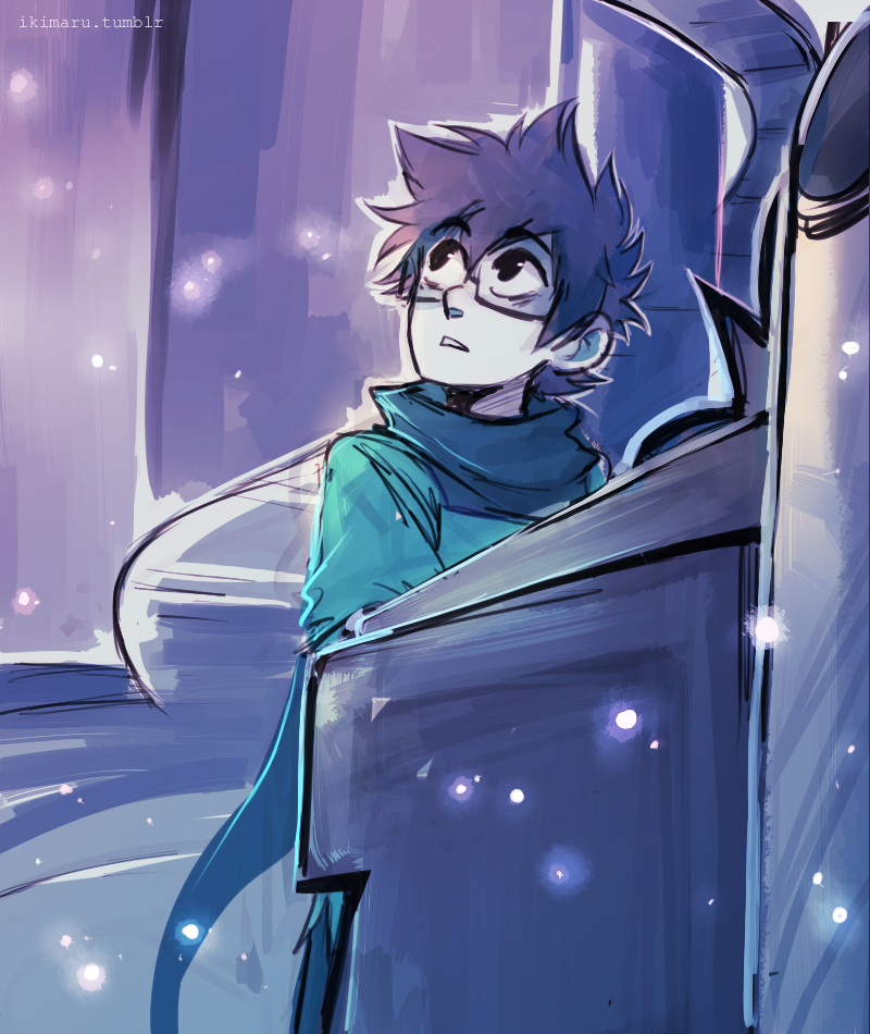 1boy, blue_hoodie, blue_shirt, fireflies, from_side, glasses, god_tier_(homestuck), homestuck, hood, hoodie, ikimaru, indoors, instrument, john_egbert, long_hoodie, looking_to_the_side, looking_up, male_focus, music, organ_(instrument), pale_skin, pipe_organ, playing_instrument, raised_eyebrows, rectangular_eyewear, shirt, signature, sitting, solo, upper_body