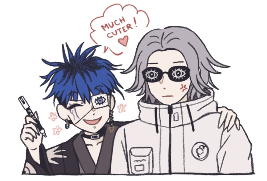 2boys, anger_vein, aotsuki_eito, black_choker, black_haori, blue_hair, choker, closed_eyes