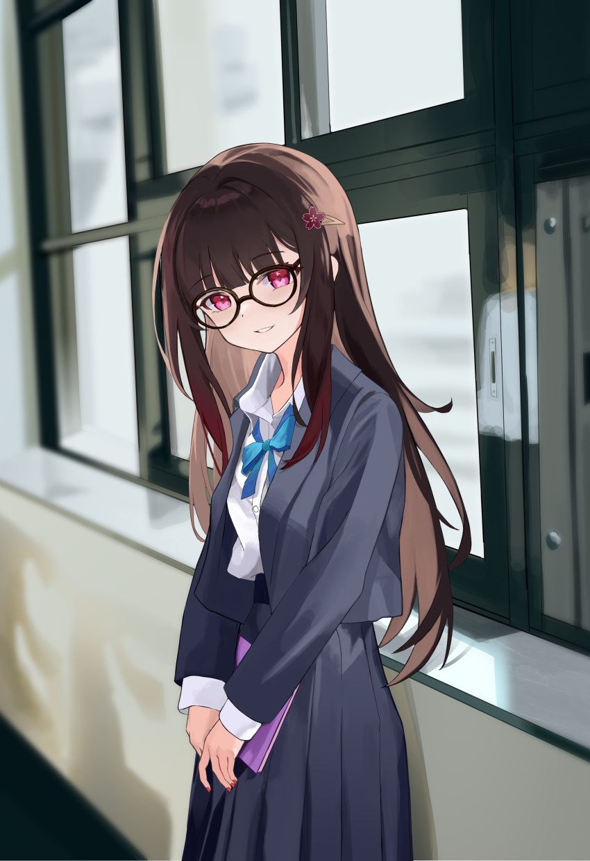 1girl, absurdres, black_jacket, black_skirt, blazer, blue_ribbon, brown_hair, collared_shirt, glasses, hair_ornament, hairclip, highres, honkai:_star_rail, honkai_(series), jacket, long_hair, looking_at_viewer, neck_ribbon, open_clothes, open_jacket, pink_eyes, ribbon, school_uniform, senbonsang, shirt, skirt, smile, solo, sparkle_(honkai:_star_rail), sparkle_(school_uniform)_(honkai:_star_rail), straight_hair, twintails, white_shirt