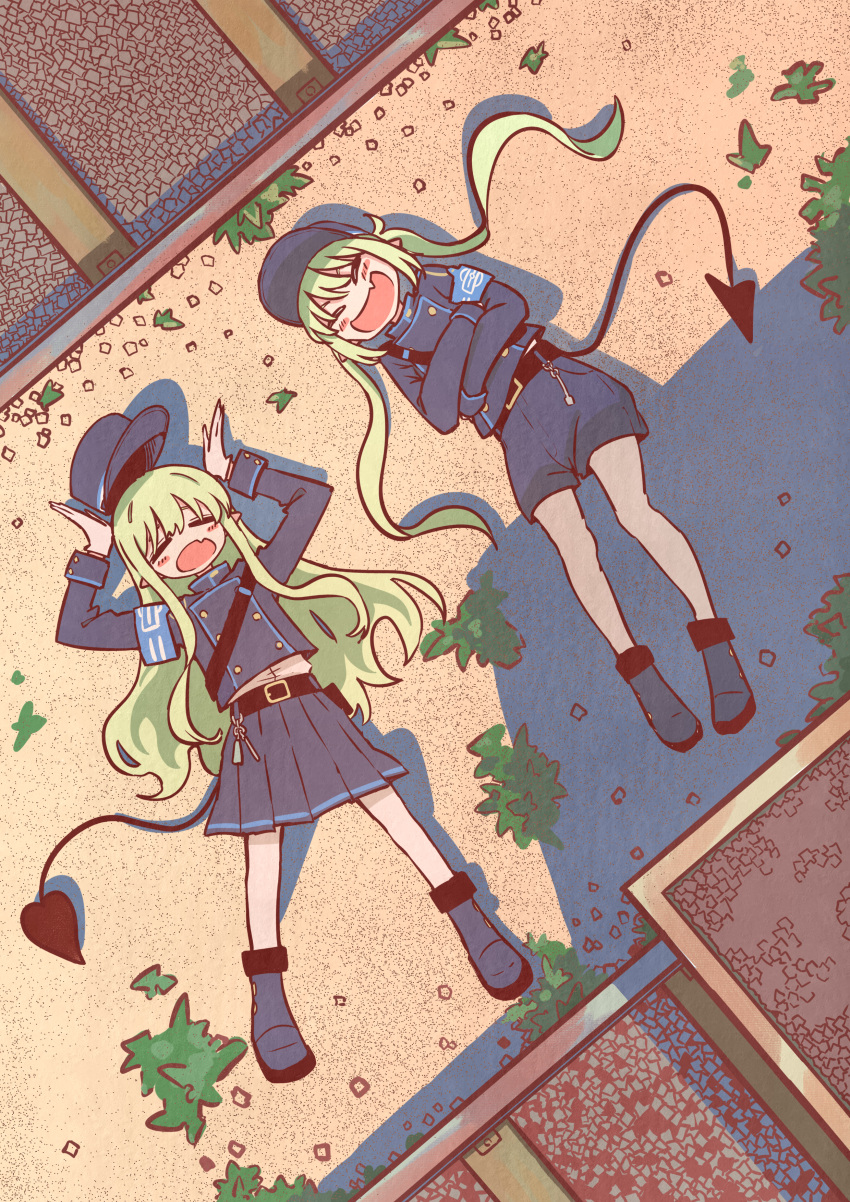 2girls, :d, =_=, absurdres, armband, belt, black_tail, blue_archive