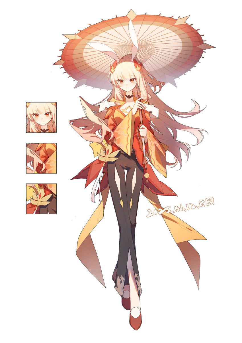 1girl, absurdres, animal_ears, autumn, back_bow, black_choker, black_pants, blonde_hair