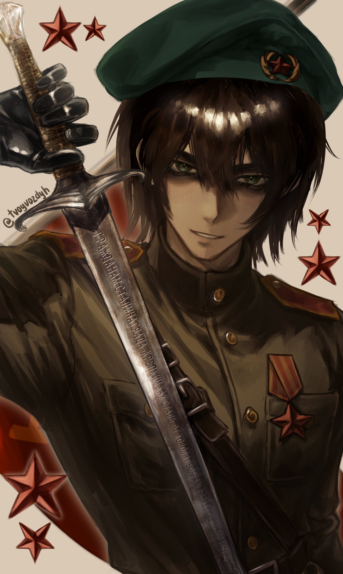 1boy, arm_up, beret, brown_hair, communism, flag_background, green_eyes, green_hat