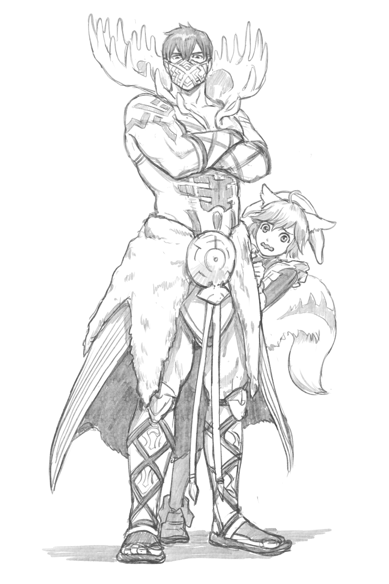 1boy, 1girl, acompletenonentity, animal_ears, antlers, brother_and_sister, crossed_arms, eikthyrnir_(fire_emblem), fire_emblem, fire_emblem_heroes, graphite_(medium), highres, horns, mask, monochrome, mouth_mask, muscular, muscular_male, ratatoskr_(fire_emblem), short_hair, siblings, squirrel_ears, squirrel_girl, squirrel_tail, tail, traditional_media, vetsa