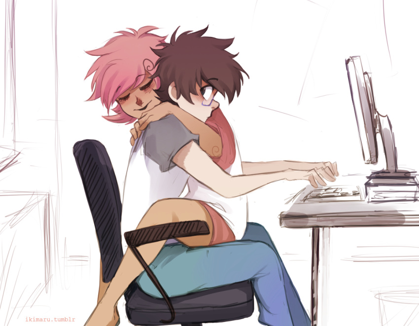 1boy, 1girl, arm_around_neck, barefoot, bishounen, black_hair, blue_pants, blush