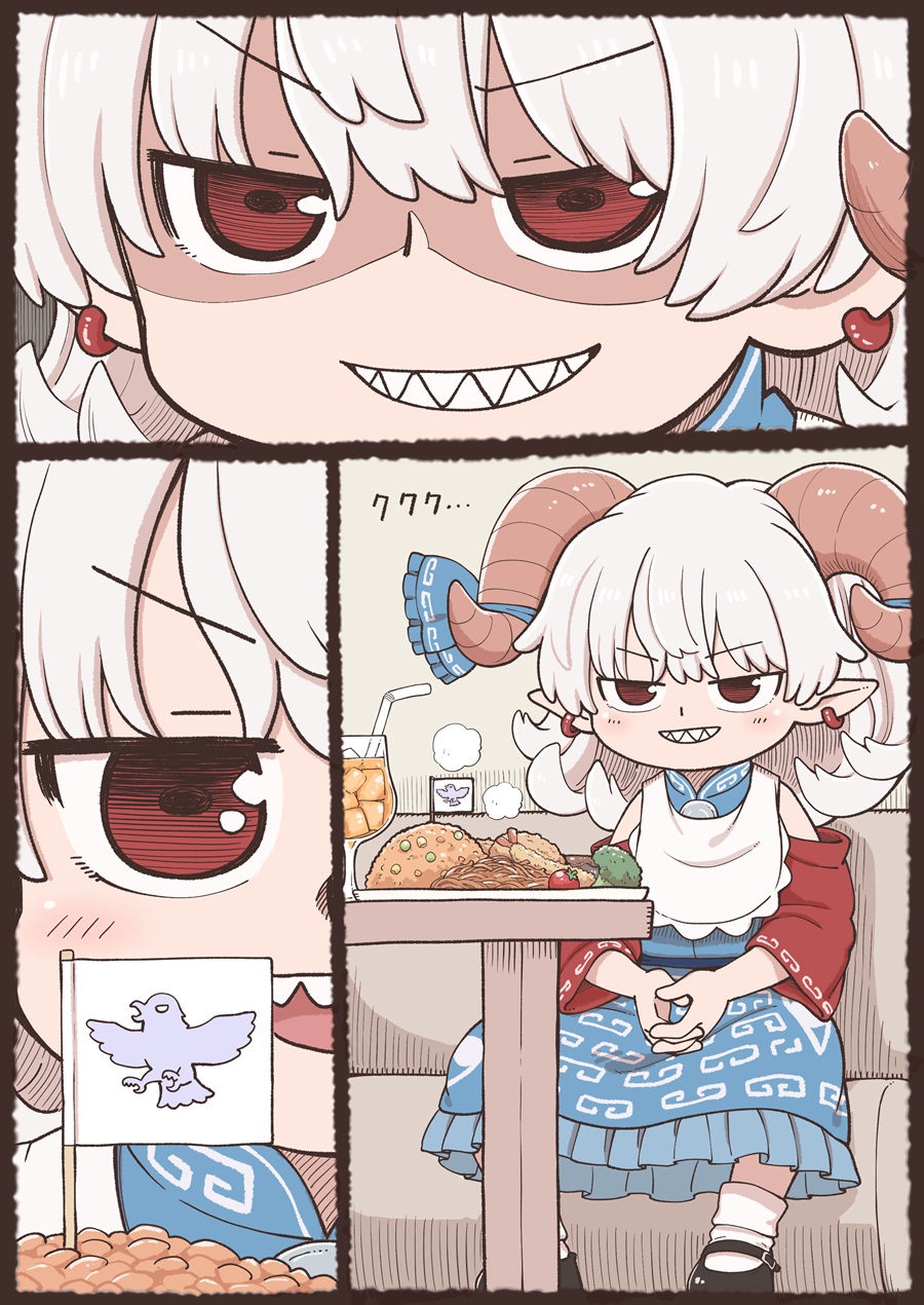 1girl, bib, black_shoes, blue_bow, blue_dress, blush, bow, broccoli