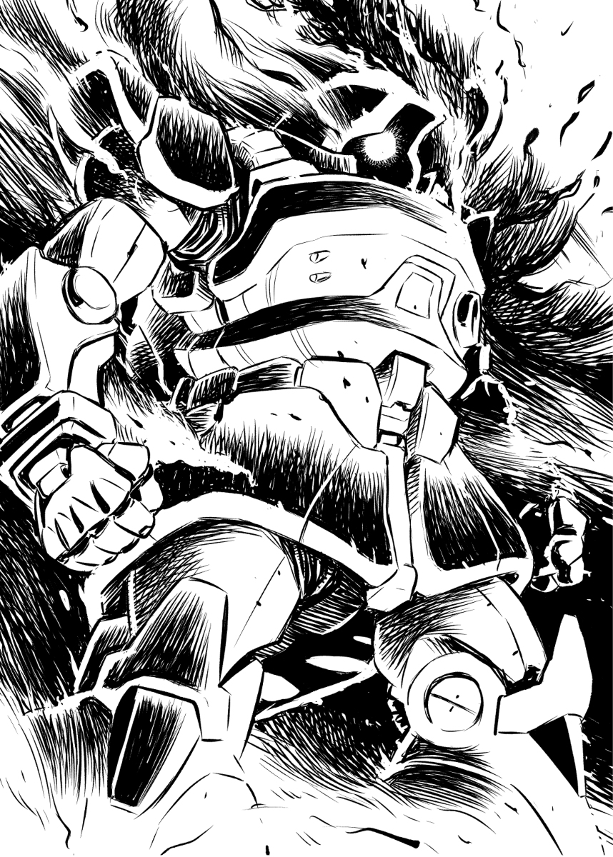 black_outline, dom_(mobile_suit), full_body, greyscale, gundam, highres, joints, mecha
