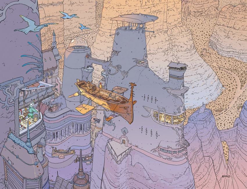 aircraft, architecture, bird, building, desert, fantasy, floating, flying