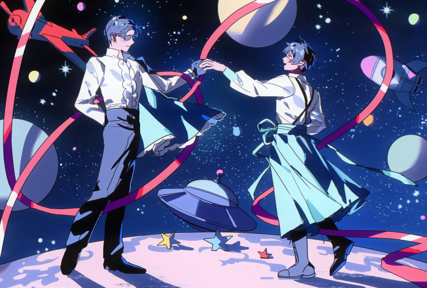 2boys, aircraft, airplane, black_gloves, black_hair, black_pants, black_shoes, blue_hakama