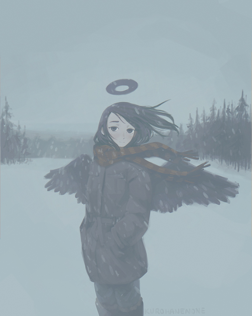 1girl, artist_name, bags_under_eyes, black_eyes, black_hair, black_halo, black_wings, blush