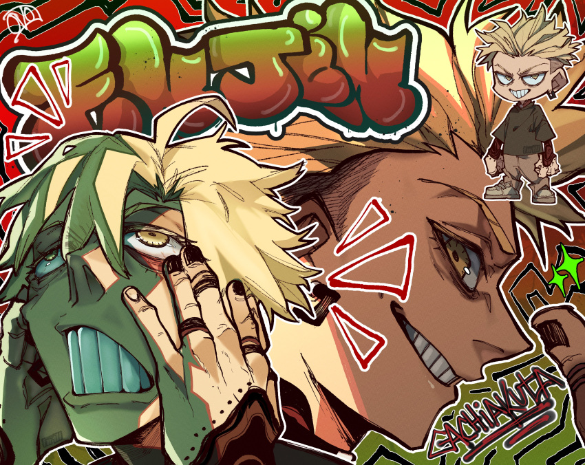 1boy, absurdres, alternate_costume, arm_tattoo, black_nails, black_shirt, blonde_hair, brown_pants