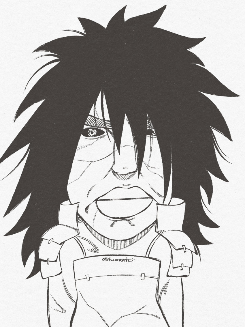 1boy, 4chan, armor, chudjak, greyscale, highres, kurrrto, long_hair, monochrome, naruto, naruto_(series), shoulder_armor, simple_background, solo, thick_lips, twitter_username, uchiha_madara, white_background