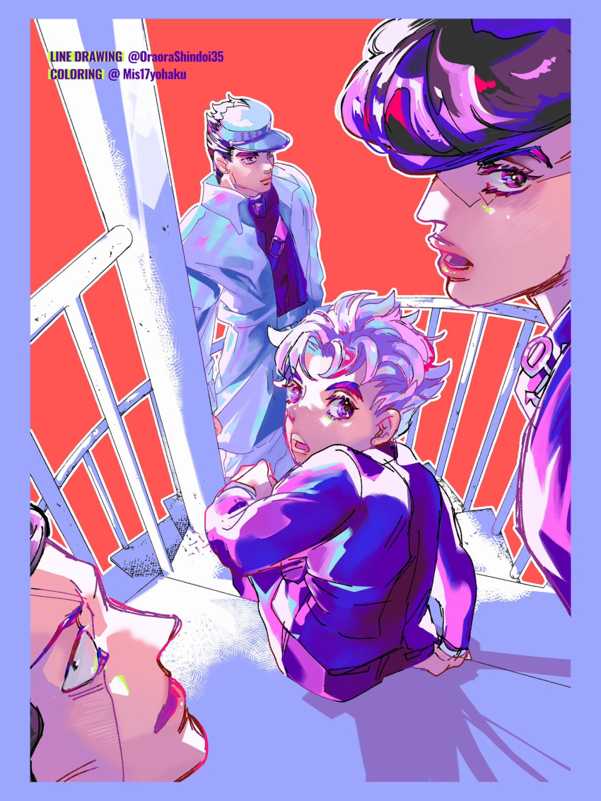 4boys, anchor_symbol, black_hair, blue_border, border, commentary_request, gakuran, hat