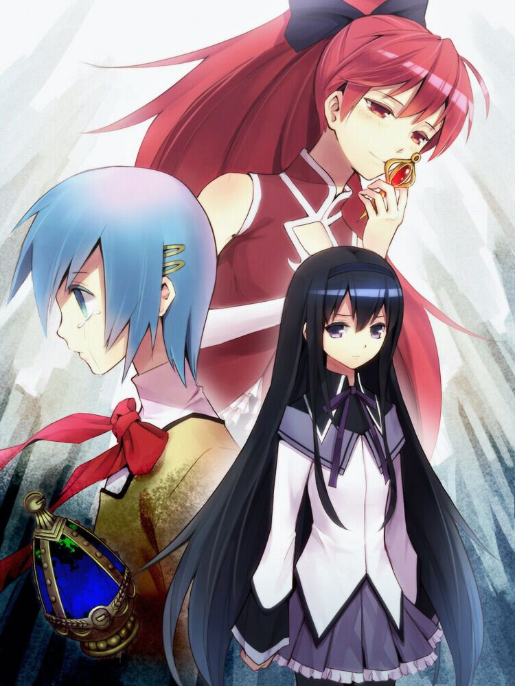 akemi_homura, bad_id, bare_shoulders, black_hair, blue_eyes, blue_hair, empty_eyes, hair_ornament, hairband, hairclip, light_smile, long_hair, magical_girl, mahou_shoujo_madoka_magica, miki_sayaka, multiple_girls, pantyhose, ponytail, profile, purple_eyes, red_eyes, sakura_kyouko, sakuyamochi, school_uniform, short_hair, soul_gem, tears, violet_eyes