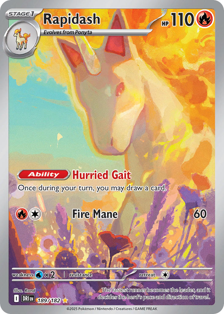 animal_focus, artist_name, card_(medium), character_name, company_name, copyright_name, copyright_notice, embers, english_text, fire, flower, horns, no_humans, official_art, pokemon, pokemon_(creature), pokemon_card, pokemon_focus, pokemon_tcg, ponyta, rapidash, rond, single_horn, solo, third-party_source, trading_card