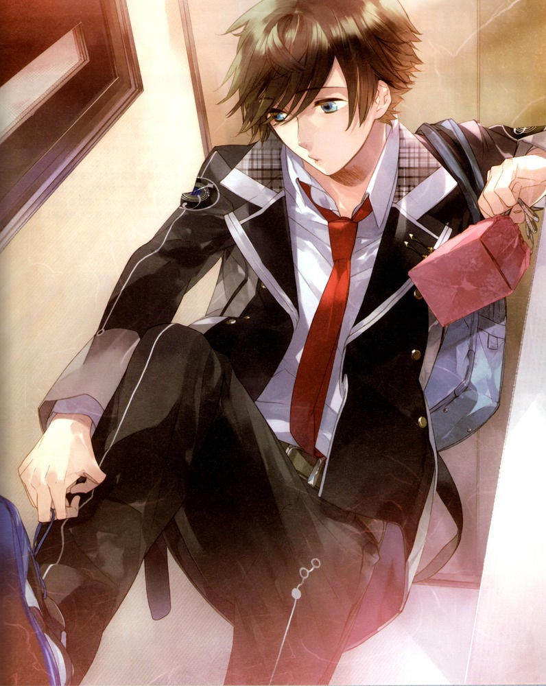 bag, belt, brown_eyes, brown_hair, buckle, expressionless, necktie, satchel