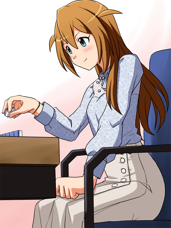 1girl, baba_konomi, blue_eyes, blue_shirt, brown_hair, commentary, high-waist_skirt, holding