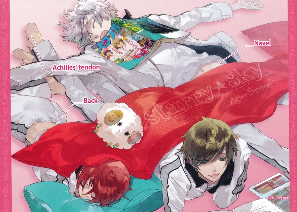barefoot, blanket, blue_eyes, brown_hair, closed_eyes, eyes_closed, grey_hair, lying
