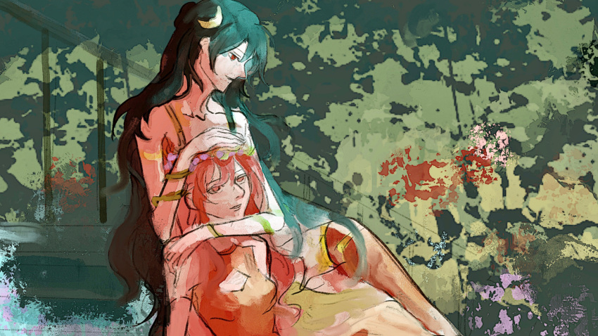 2girls, arm_vines, black_hair, canvas_texture, crescent, crescent_hair_ornament, dappled_sunlight, double-parted_bangs, dress, ezekiel_(seraphim_slum), from_side, hair_between_eyes, hair_ornament, hand_on_another's_chest, hand_on_another's_head, highres, leg_on_another's_leg, long_hair, looking_at_another, multiple_girls, non-web_source, official_art, open_mouth, oriel_(seraphim_slum), red_eyes, red_hair, seraphim_slum, sidelocks, sitting, sitting_on_stairs, smile, spaghetti_strap, stairs, sunlight, very_long_hair
