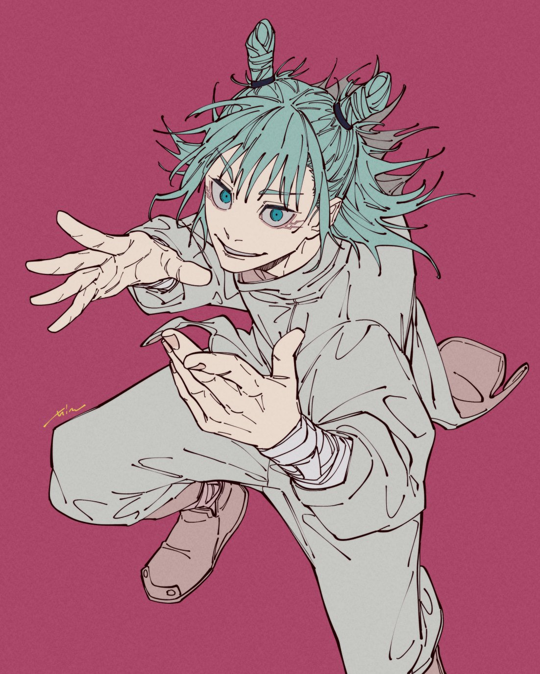 1boy, bandaged_arm, bandages, blue_eyes, blue_hair, double_bun, fingernails, floating_hair