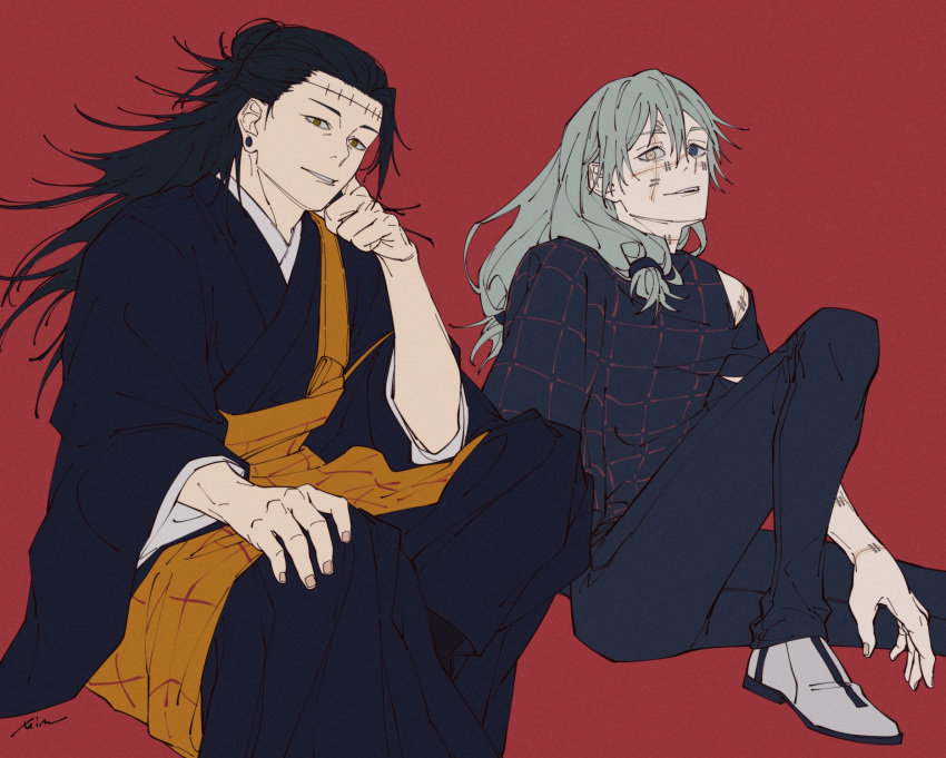 2boys, black_hair, black_kimono, black_pants, black_robe, black_shirt, blue_eyes, cursed_spirit_(jujutsu_kaisen)