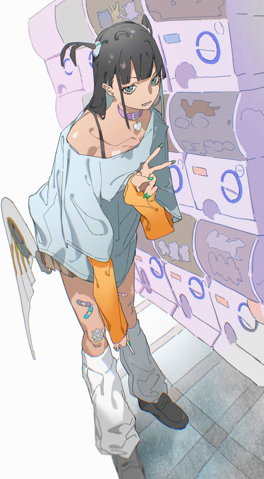 1girl, absurdres, bandaid, barcode, black_hair, commentary, green_nails, highres