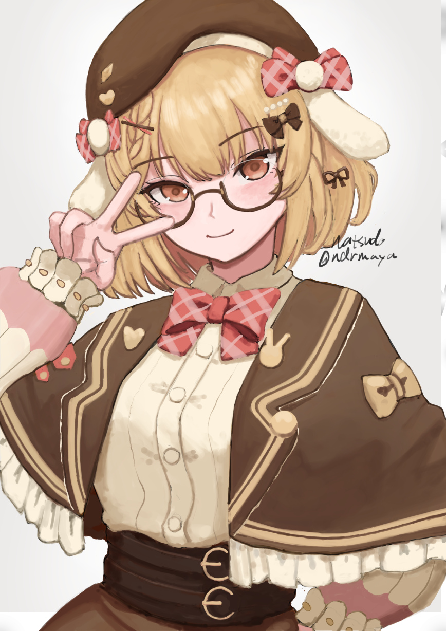 1girl, animal_ears, beret, black-framed_eyewear, blonde_hair, blush, bow, bowtie, braid, brown_capelet, brown_hat, brown_skirt, buttons, capelet, closed_mouth, commentary_request, cowboy_shot, floppy_ears, frilled_capelet, frills, glasses, hat, highres, inaba_haneru_(10th_costume)_(animare), inaba_haneru_(animare), looking_at_viewer, nanashi_inc., natsudo, pink_bow, pink_bowtie, plaid_bow, plaid_bowtie, plaid_clothes, rabbit_ears, rabbit_girl, shirt, short_hair, simple_background, skirt, smile, solo, v, v_over_eye, virtual_youtuber, white_background, white_shirt