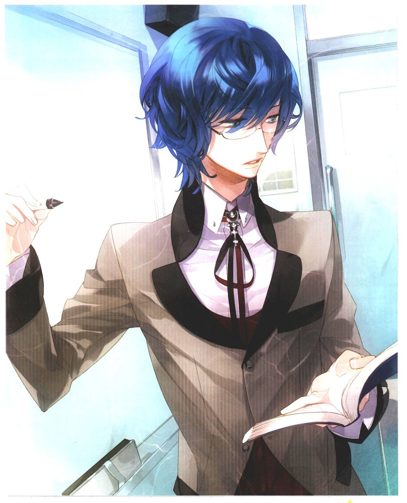 ascot, book, brown_eyes, door, eraser, formal, glasses, marker