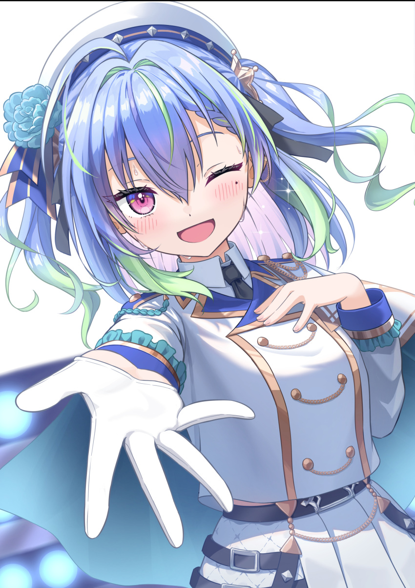 1girl, ahoge, apple_uq, black_necktie, blue_cape, blue_flower, blue_hair, blush, breasts, cape, commentary_request, cowboy_shot, flower, gloves, green_hair, hair_between_eyes, hair_flower, hair_ornament, hat, highres, jacket, long_hair, looking_at_viewer, mole, mole_under_eye, multicolored_hair, nanashi_inc., necktie, one_eye_closed, open_mouth, pink_eyes, pleated_skirt, reaching, reaching_towards_viewer, shirt, simple_background, skirt, small_breasts, smile, solo, suzumi_nemo, suzumi_nemo_(3rd_costume), two-tone_hair, virtual_youtuber, white_background, white_gloves, white_hat, white_jacket, white_shirt, white_skirt, wings