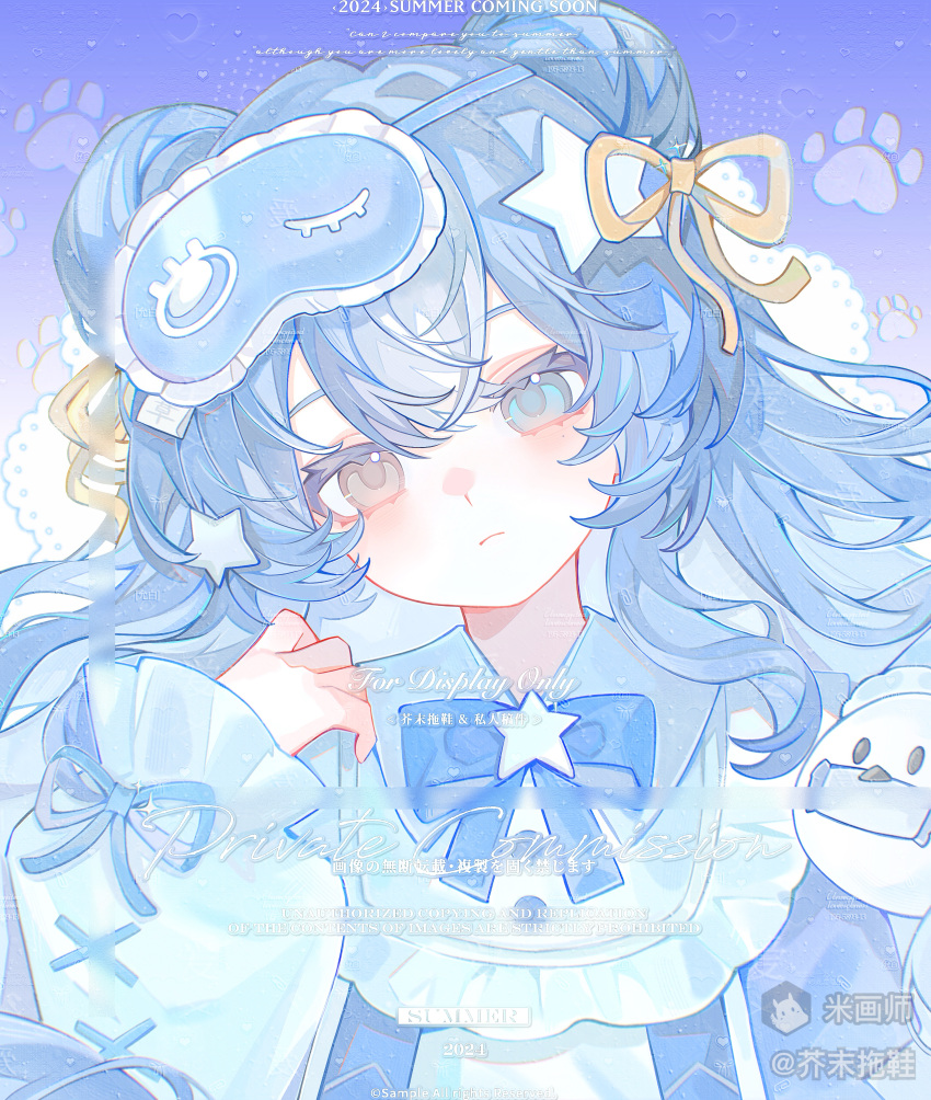 1girl, absurdres, blue_eyes, blue_hair, blush, bow, bowtie, closed_mouth
