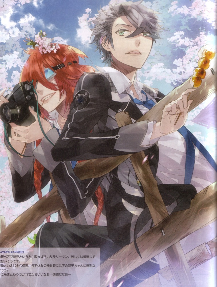 camera, dango, food, goggles, grey_hair, long_sleeves, multiple_boys, necktie