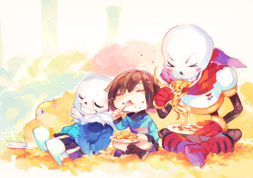 >_<, 2boys, 2others, blue_jacket, blue_sweater, brothers, brown_hair, chibi, chibi_only, closed_eyes, eating, food, fork, frisk_(undertale), holding, holding_fork, indian_style, jacket, mii_(chibinomi), monster_kid_(undertale), multiple_boys, multiple_others, papyrus_(undertale), pasta, sans_(undertale), siblings, sitting, skeleton, sleeping, spaghetti, sweater, undertale