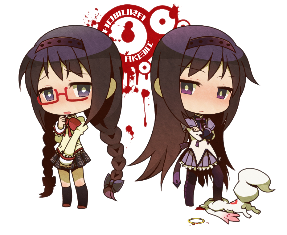 akemi_homura, alternate_hairstyle, black_hair, blush, braid, chibi, crossed_arms, dual_persona, glasses, hairband, hajime_(vasu), kyubey, kyuubee, long_hair, magical_girl, mahou_shoujo_madoka_magica, multiple_girls, pantyhose, purple_eyes, red-framed_glasses, school_uniform, spoilers, stepped_on, twin_braids, violet_eyes