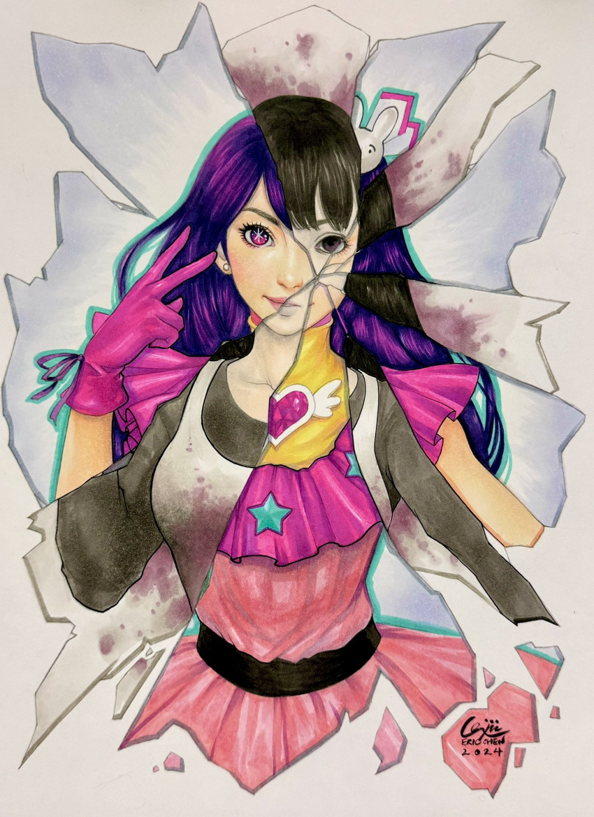 1girl, black_hair, black_shirt, closed_mouth, collarbone, crack, cracked_glass, dress