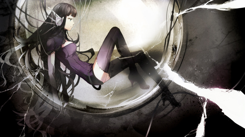 black_hair, blue_eyes, boots, cyberpunk, high_heels, highres, kazune_(baumkuchen), long_hair, original, robot_ears, science_fiction, shoes, solo, thigh-highs, thigh_boots, thighhighs, tube, very_long_hair, zettai_ryouiki