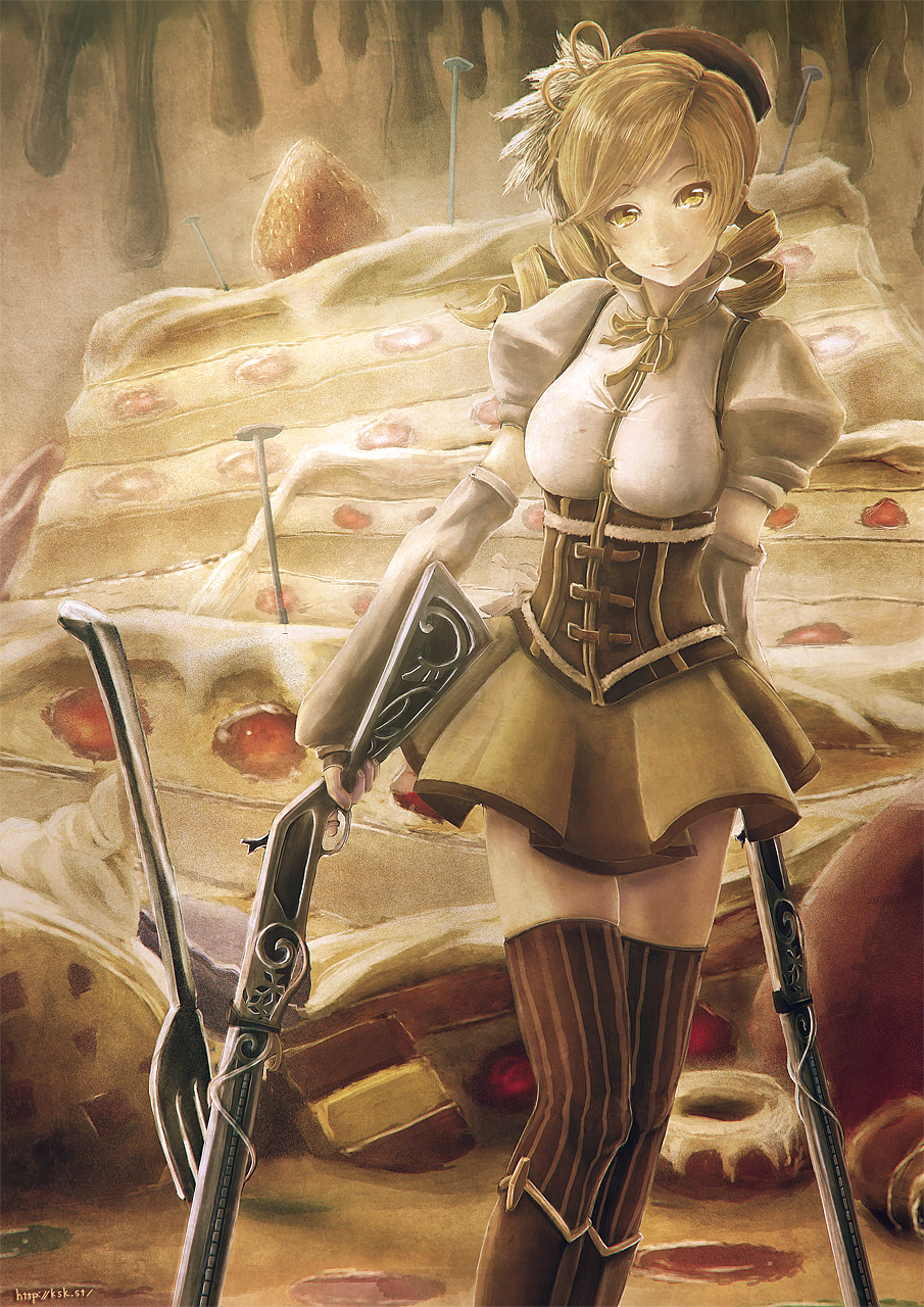 beret, blonde_hair, boots, cake, chuukarudoruhu, corset, detached_sleeves, drill_hair